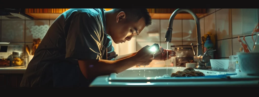 a plumber using a flashlight to inspect a dripping pipe under a sink in a bright, modern kitchen in honolulu.