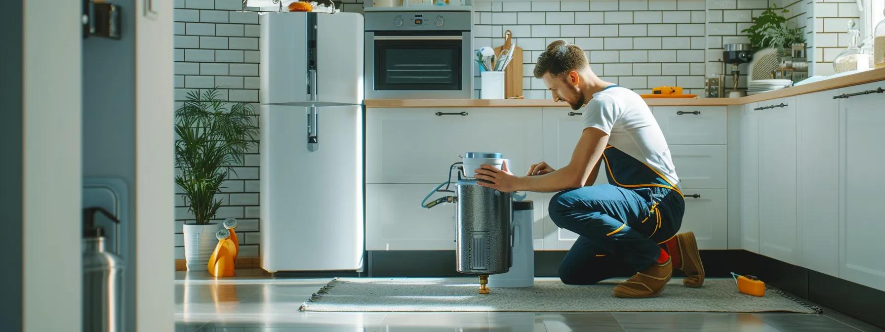 a bright, modern kitchen showcases a skilled plumber expertly inspecting a shiny, high-tech water heater, emphasizing the importance of professional maintenance in preventing common plumbing issues.