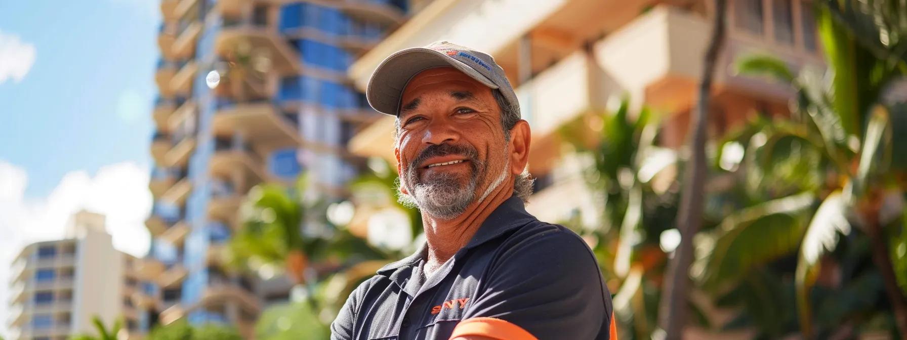 a confident master plumber stands poised amidst a backdrop of waikiki's vibrant architecture, ready to tackle urgent plumbing issues with a reassuring smile, under warm tropical sunlight.