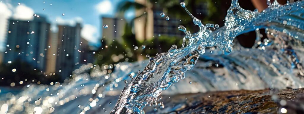 a dramatic close-up of water gushing from a burst pipe, with vibrant honolulu buildings blurred in the background, capturing the urgency of plumbing crises in waikiki under bright afternoon sunlight.