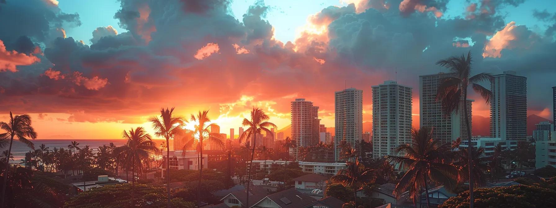 a master plumber confidently oversees a bustling waikiki neighborhood, framed by vibrant tropical architecture, as a radiant sunset casts warm hues over the scene, symbolizing reliability in emergency plumbing resources.