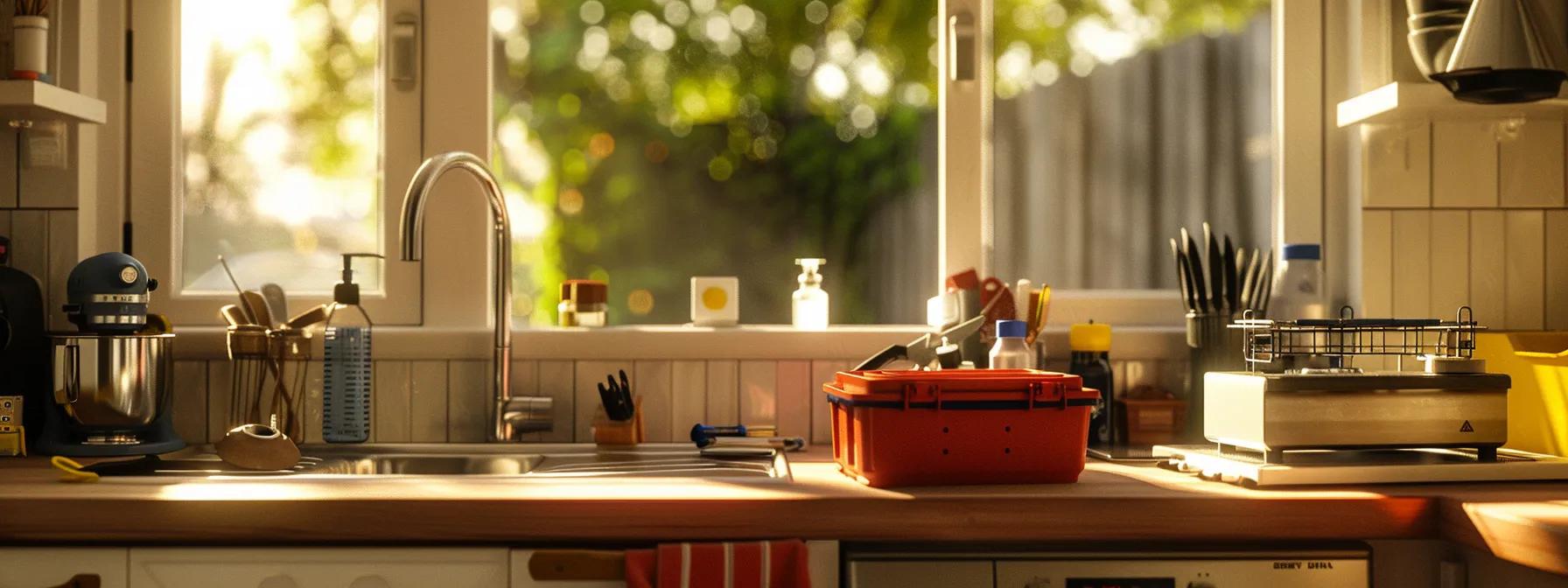 a neatly organized home plumbing emergency kit, featuring essential tools and supplies, is displayed against a backdrop of a clean, modern kitchen, illuminated by soft natural light streaming through a window, emphasizing readiness and safety.