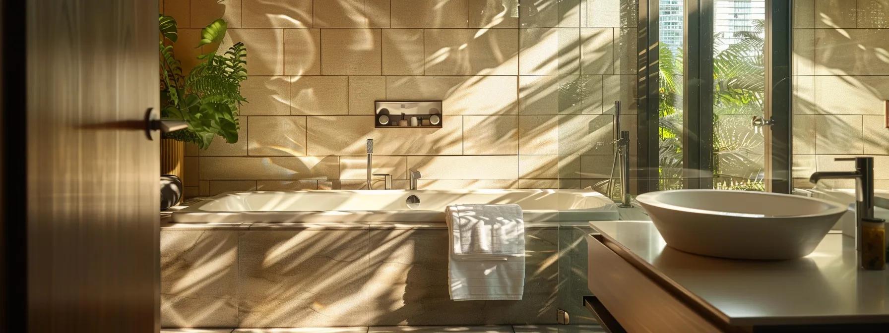 a pristine and modern bathroom in waikiki showcasing flawless plumbing fixtures and gleaming tiles, illuminated by natural sunlight streaming through frosted glass, emphasizing cleanliness and efficiency.