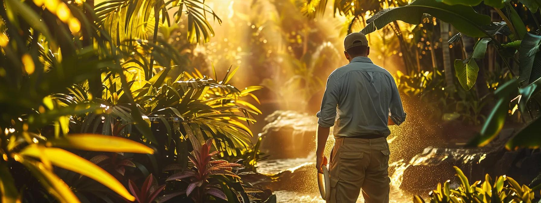 a serene view of a master plumber inspecting a vibrant tropical garden in waikiki, highlighting subtle signs of a plumbing emergency, bathed in warm, golden sunlight that enhances the urgency of the situation.