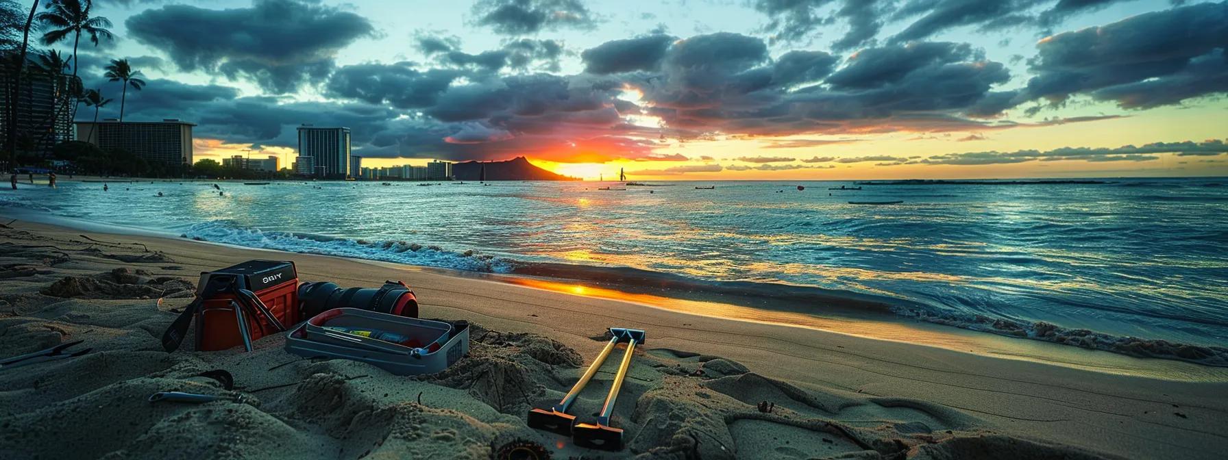 a serene waikiki beach scene at sunset, where a master plumber's tools sit on the sand, symbolizing readiness to tackle plumbing emergencies amidst the vibrant hues of the sky reflecting on the calm ocean waves.