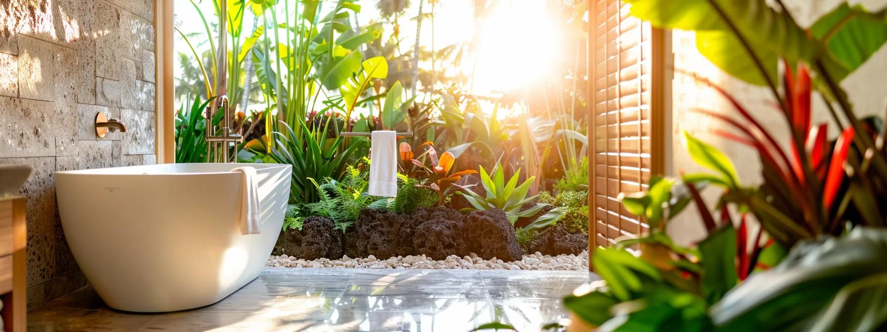 a serene waikiki home showcases a beautifully renovated bathroom with eco-friendly plumbing features, bathed in soft natural light, highlighting its modern elegance and sustainable design.