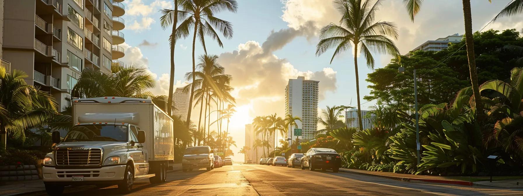 a serene waikiki landscape showcases a tranquil residential area, with palm trees swaying gently in the breeze, while a sleek plumbing service truck is parked nearby, reflecting the balance of affordability and quality in home maintenance.