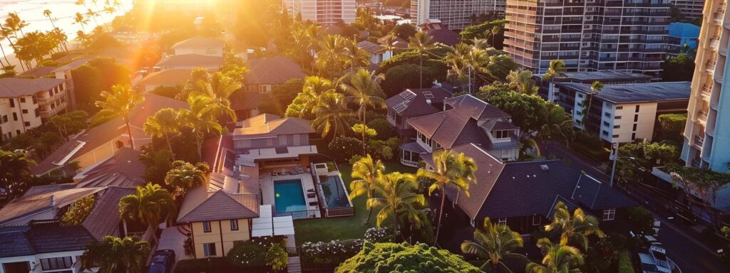 a serene waikiki neighborhood boasts beautifully maintained homes with sparkling blue swimming pools, vibrant tropical landscaping, and expertly installed plumbing systems, bathed in the warm glow of golden sunset light.