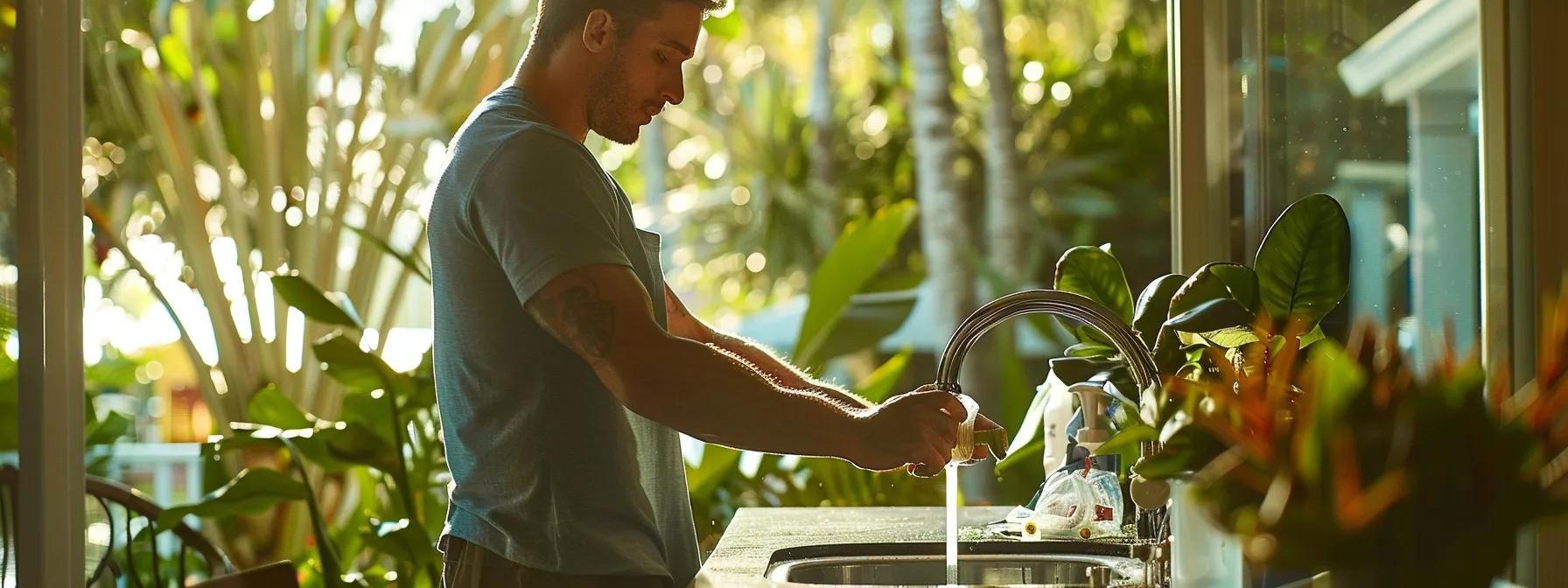 a skilled plumber is expertly repairing a gleaming kitchen sink in a modern waikiki home, highlighting the importance of professional plumbing solutions amidst vibrant tropical surroundings.