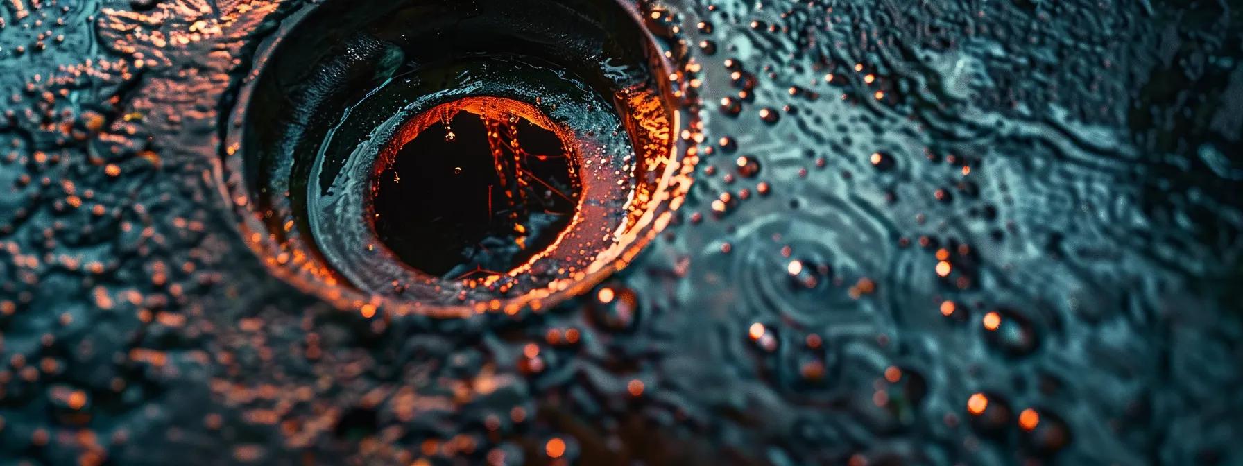 a vibrant close-up of a clogged drain with murky water, surrounded by dark shadows and contrasting bright light, visually conveys the urgency and necessity of professional plumbing assistance.