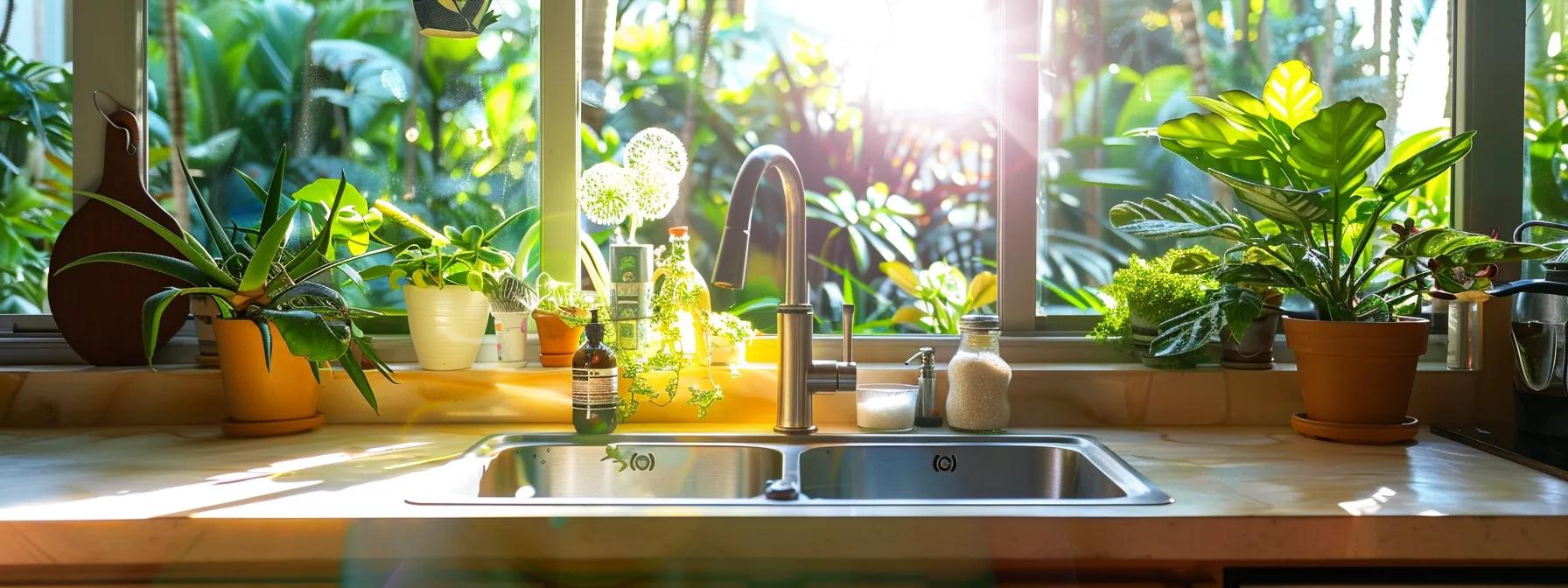 a vibrant, sunlit kitchen in a waikiki home showcases a gleaming sink filled with natural ingredients like baking soda and vinegar, symbolizing diy solutions for unclogging drains with a backdrop of tropical plants.