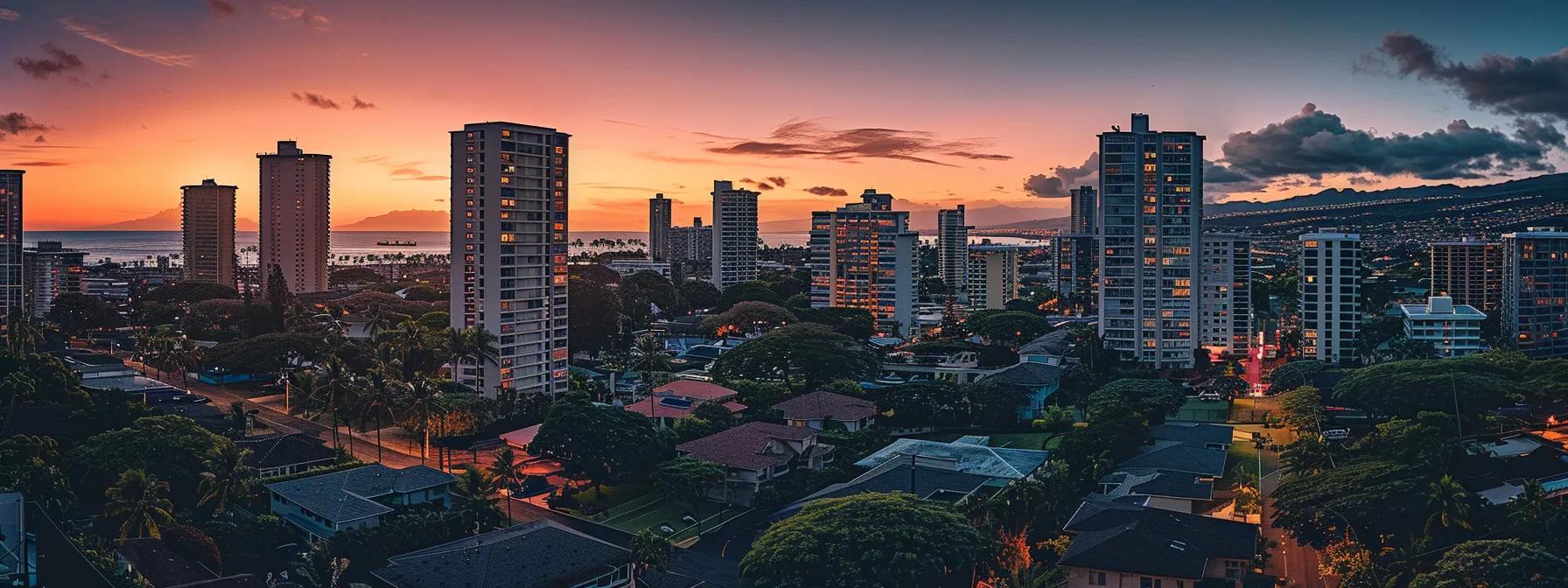 a vibrant waikiki neighborhood showcased under the warm glow of sunset, reflecting the pride of residents through flourishing gardens and well-maintained homes, symbolizing the success and reliability of exceptional plumbing services.