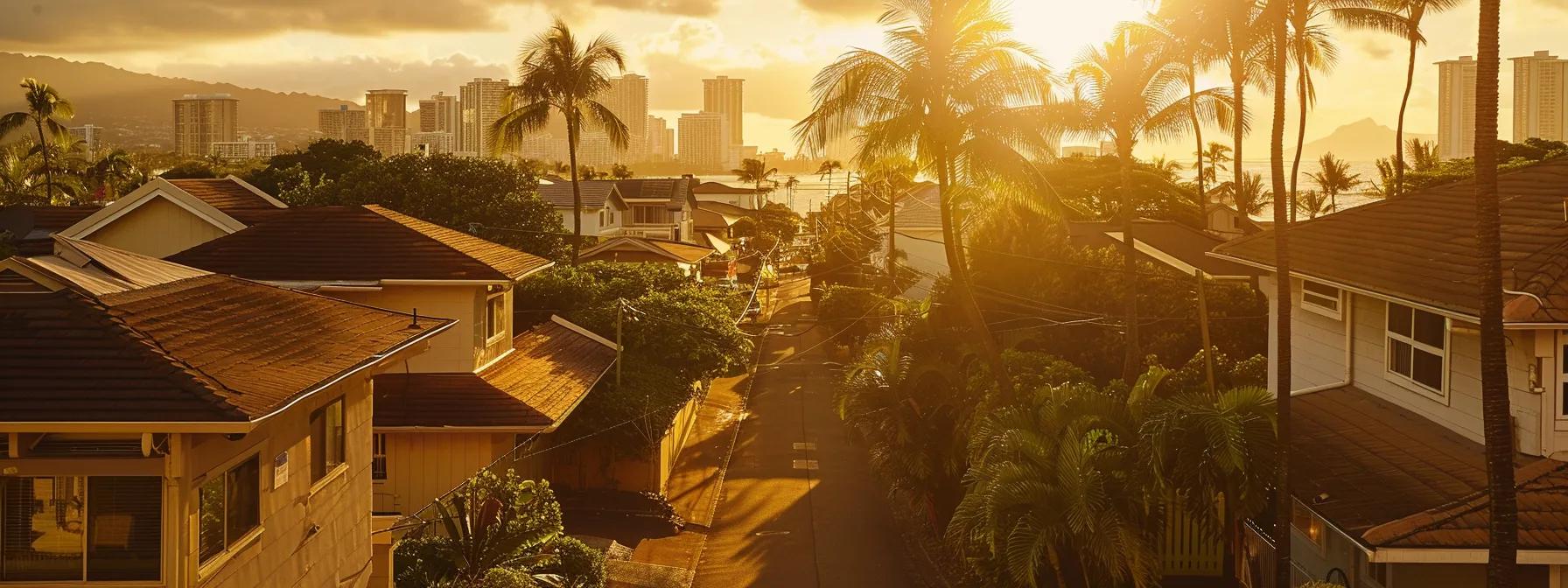 a vibrant waikiki neighborhood basking in golden sunlight, showcasing palm trees and well-maintained homes, with a plumber confidently discussing effective drain solutions amidst a backdrop of community workshops and local resources.