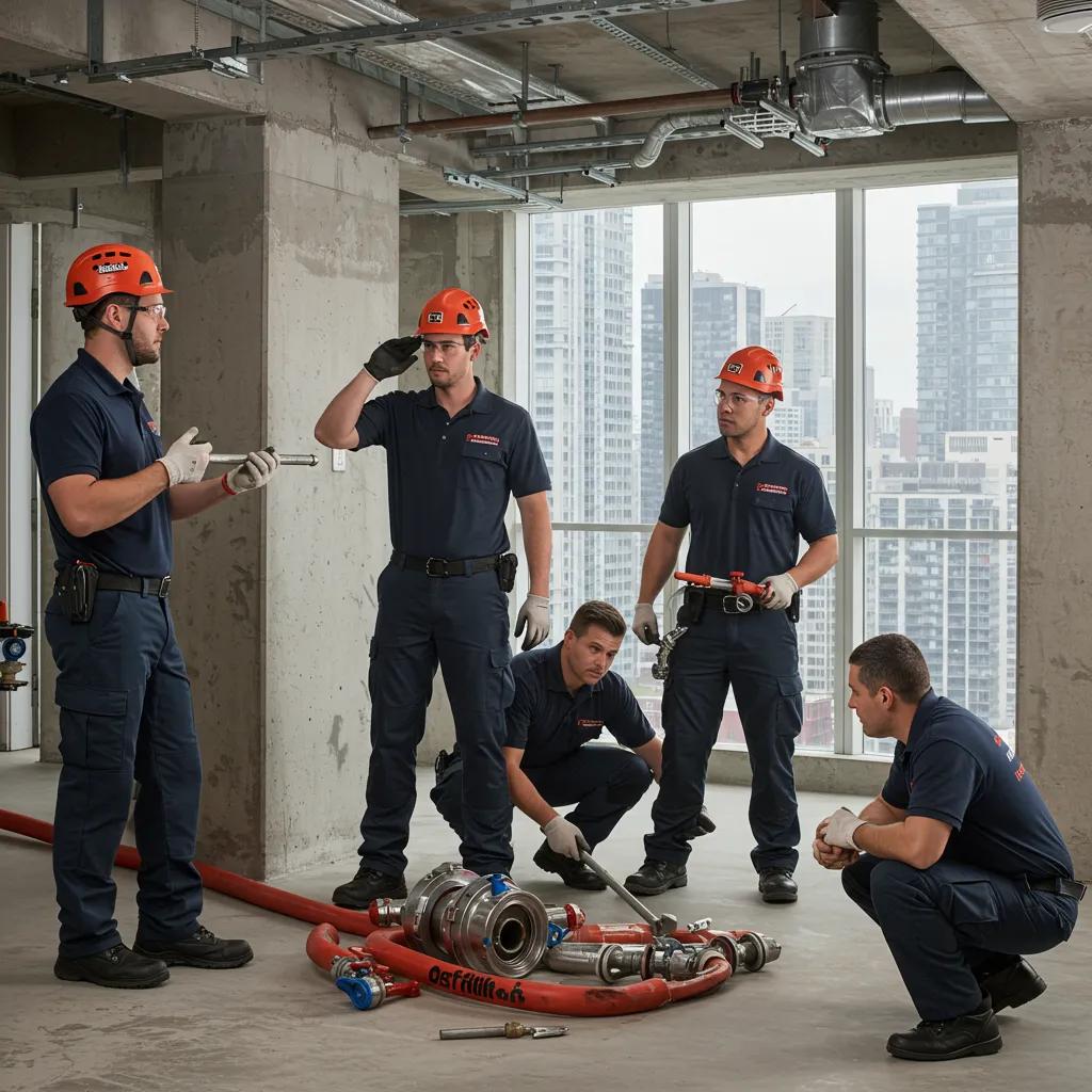 Emergency plumbers swiftly addressing a plumbing crisis in a high-rise building