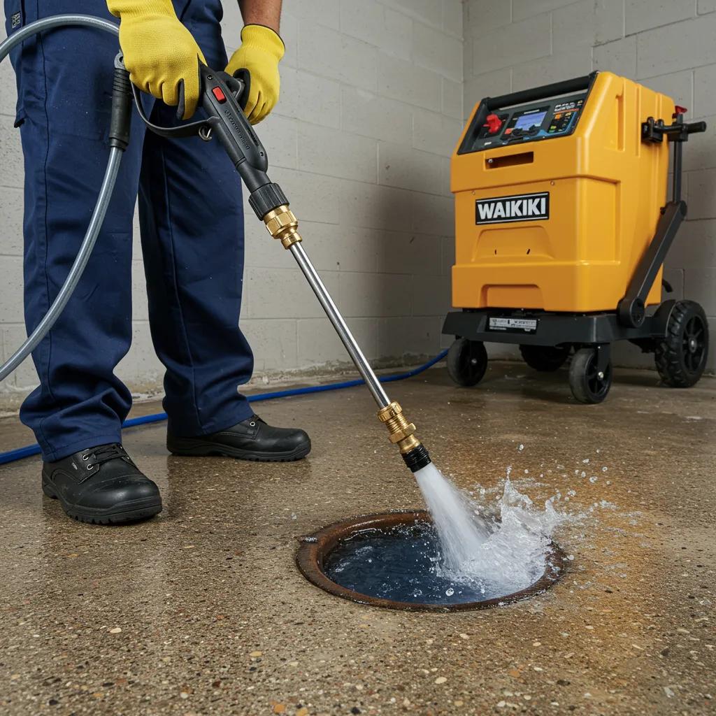 Plumber expertly using hydro-jetting equipment to clean a drain in Waikiki