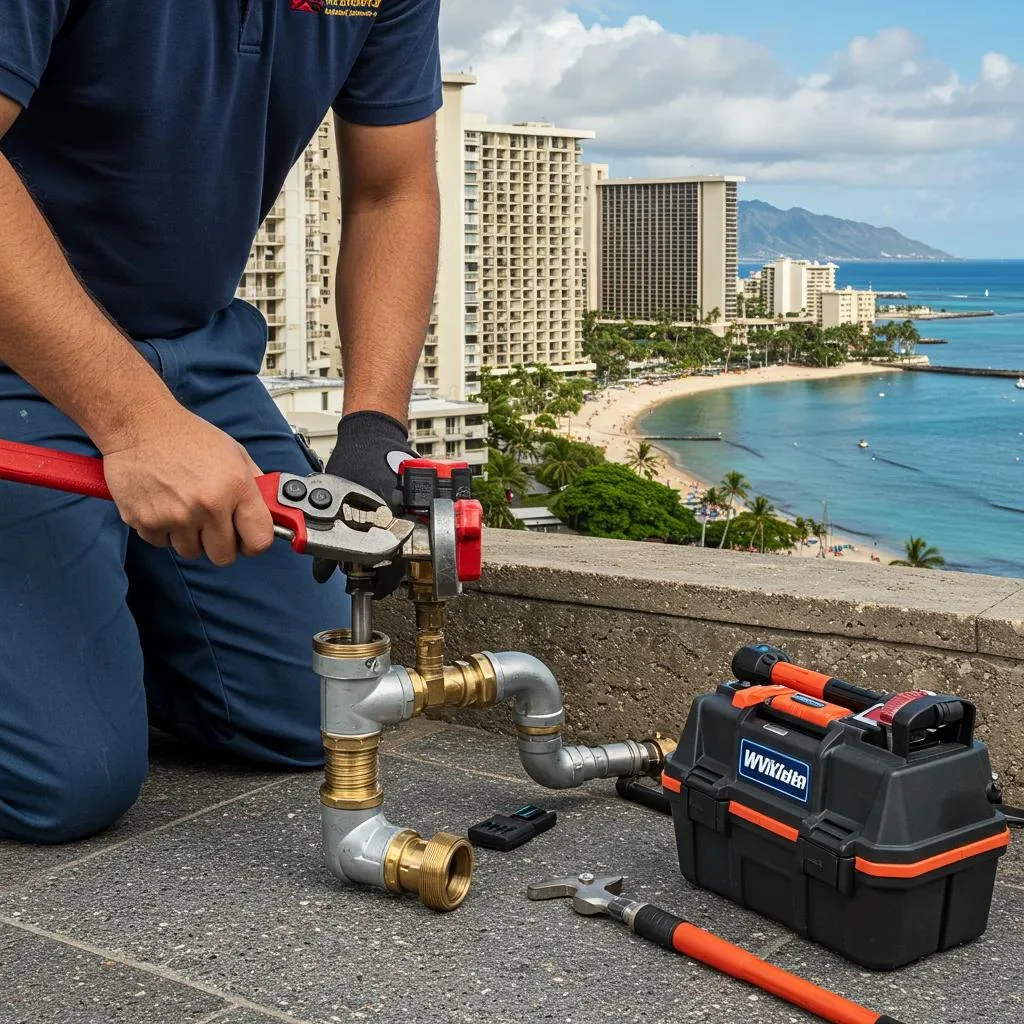 Professional plumber working on plumbing in a coastal Waikiki setting